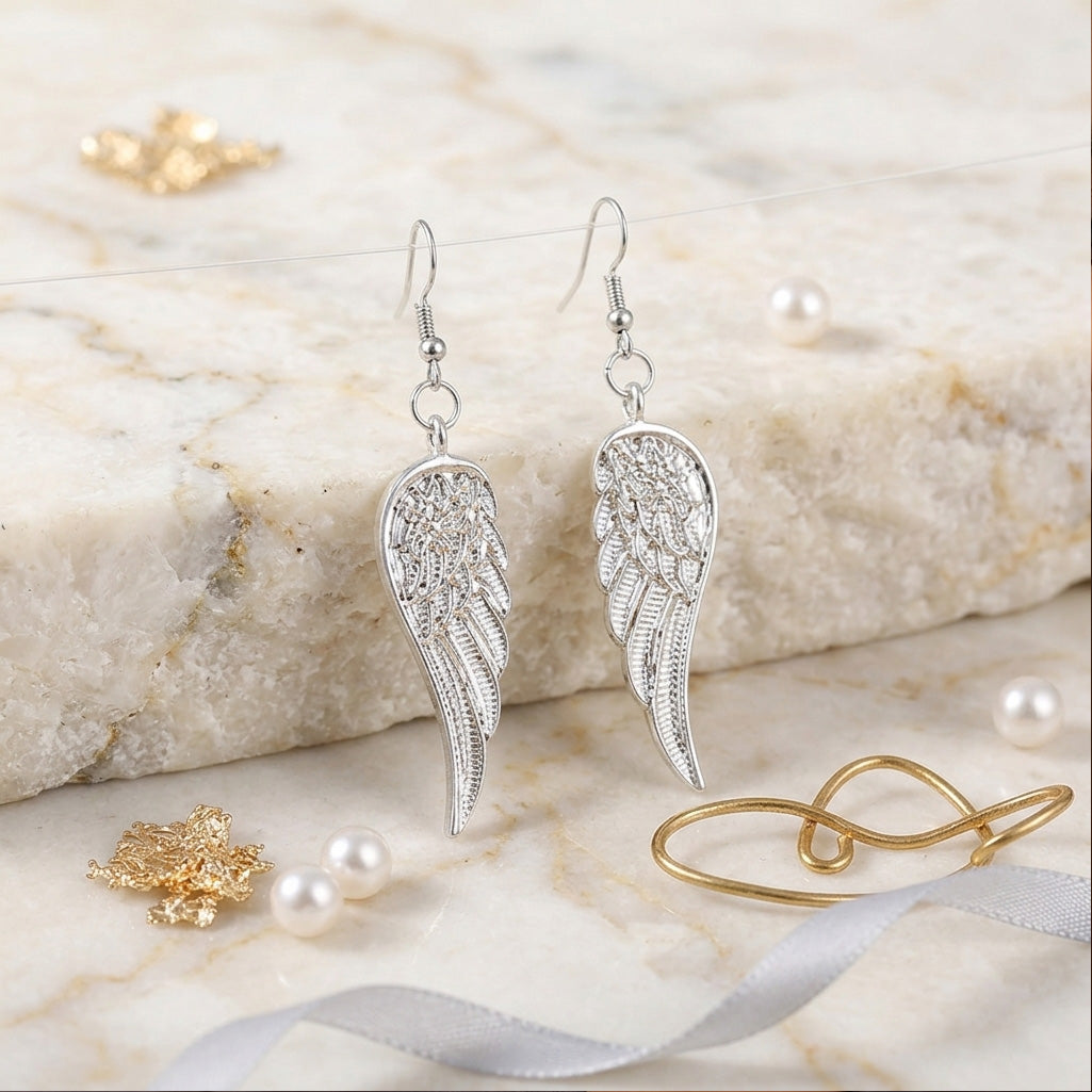 Silver Elegant Angel Wing Drop Earrings